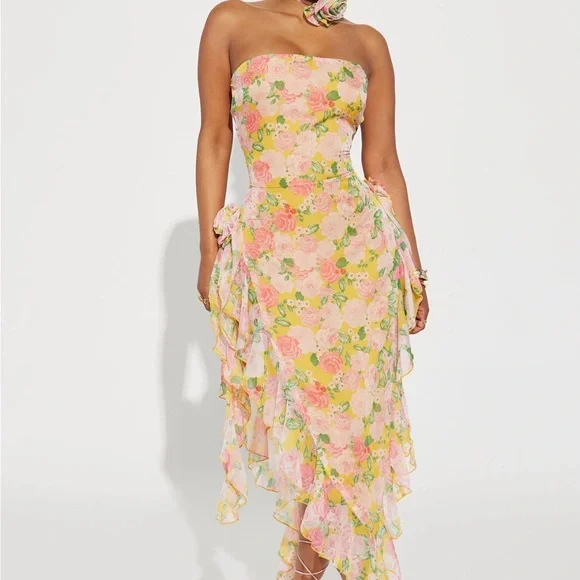 Tube top floral yellow green pink dress - Picture 1 of 6